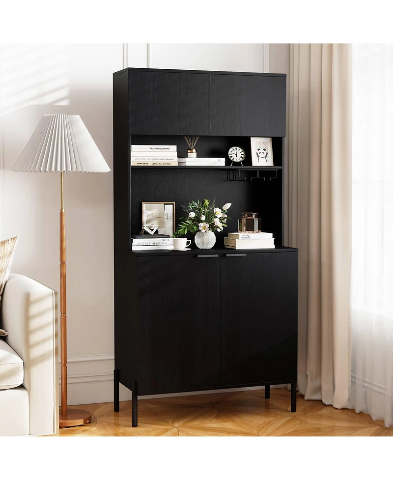 Costway 64.5” Kitchen Pantry Cabinet with Charging Station Wine Glass Rack Adjustable Shelf