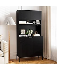 Costway 64.5” Kitchen Pantry Cabinet with Charging Station Wine Glass Rack Adjustable Shelf