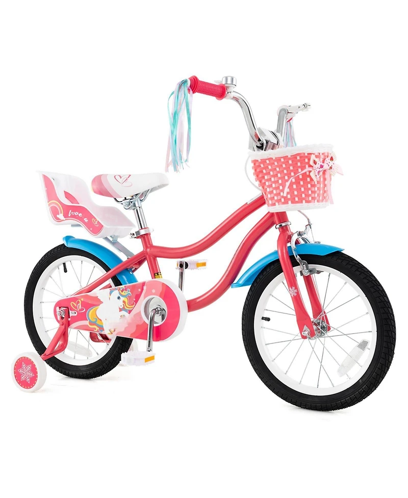Hongge 16-Inch Girls Bike with Doll Seat, Basket, and Training Wheels for Ages 4–7 - Pink