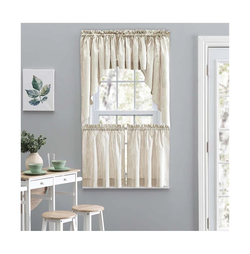Ellis Curtain Plaza Classic Ticking Stripe Printed 1.5" Rod Pocket Tailored Tiers 56" x 24" Tan