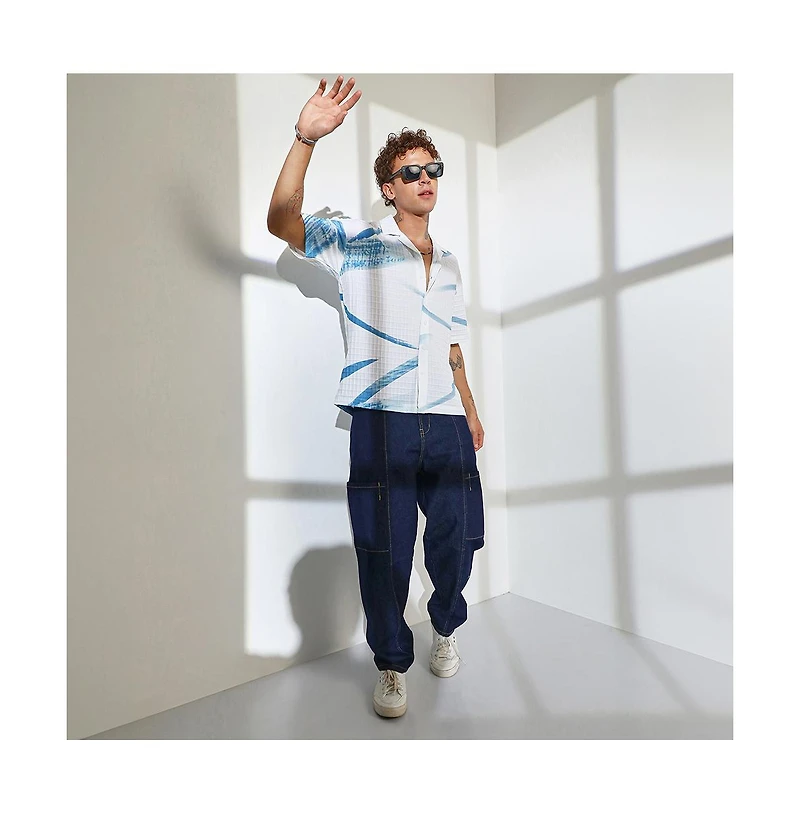 Campus Sutra Men's Sky Blue & Chalk White Stroked Waffle Oversized Shirt