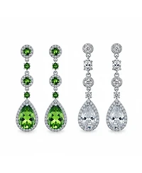 Bling Jewelry Set of 2 Clear & Green Cubic Zirconia Cz Teardrop Long Dangle Chandelier Prom Statement Earrings Sterling Silver