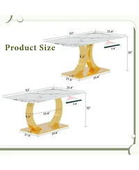 Streamdale Furniture Streamdale Transformable Stainless Steel Gold Base Dining Table, 63"x35", White Glass Top