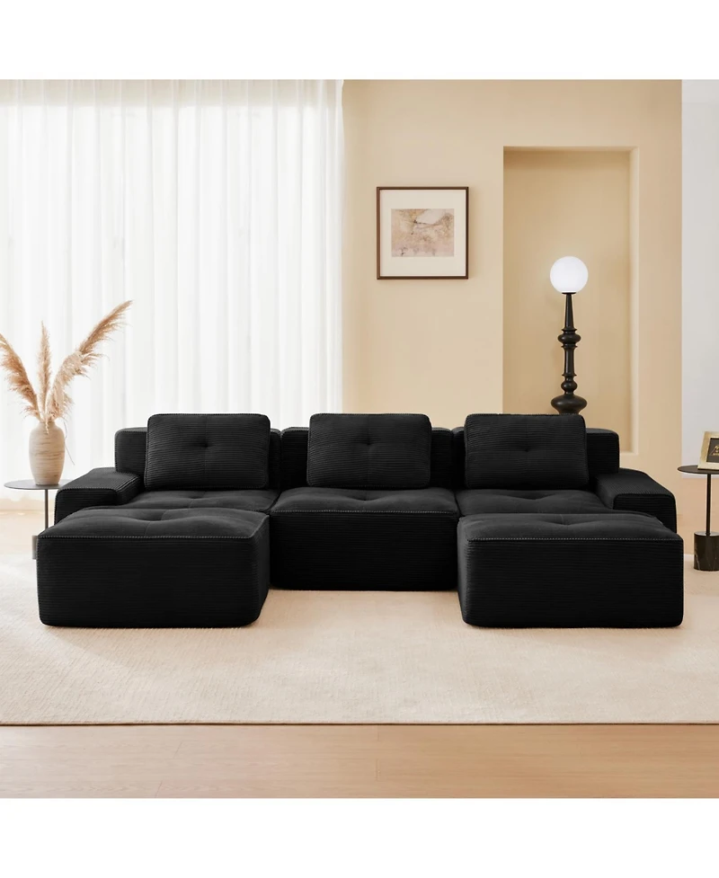 Streamdale Modern U-Shaped Corduroy Sectional Sofa with Movable Ottoman, Black