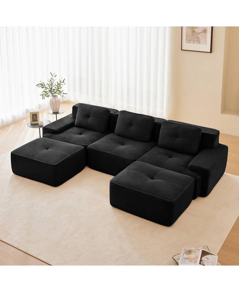 Streamdale Modern U-Shaped Corduroy Sectional Sofa with Movable Ottoman, Black