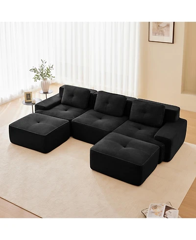 Streamdale Modern U-Shaped Corduroy Sectional Sofa with Movable Ottoman, Black