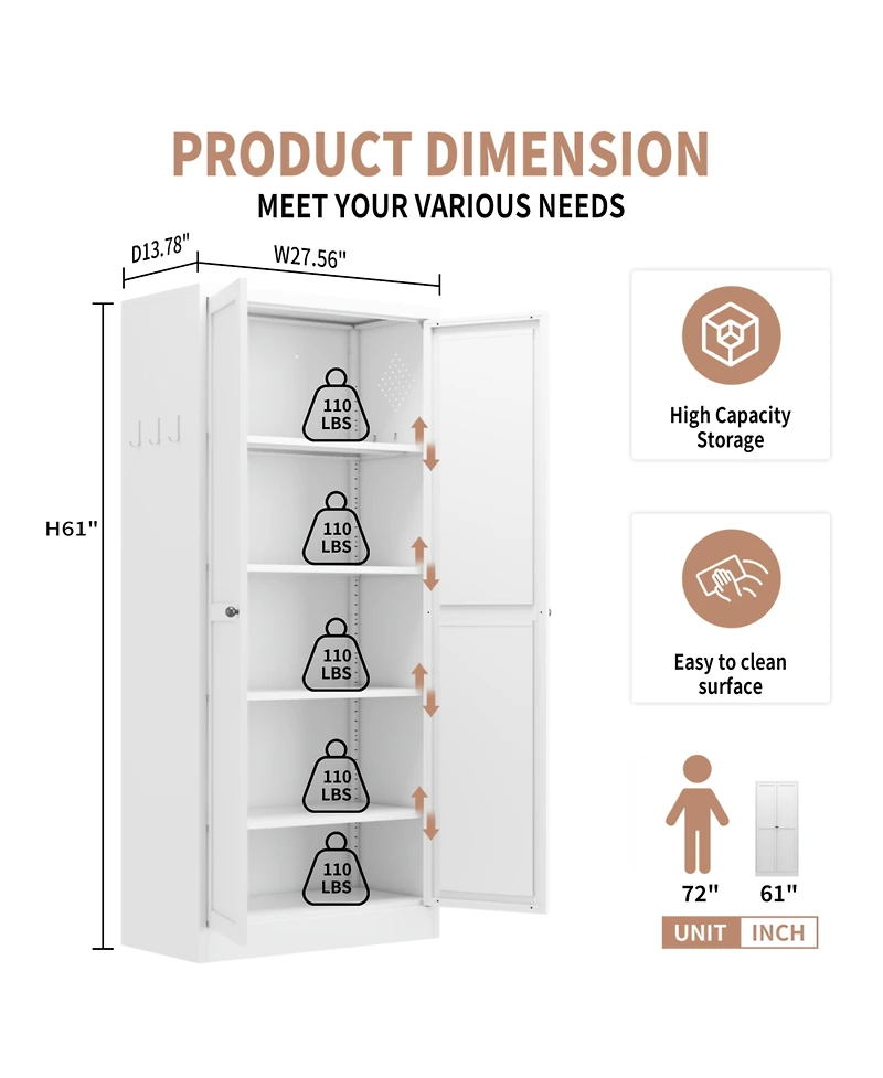 Streamdale Furniture Streamdale 61" White Metal Kitchen Pantry Cabinet with 4 Adjustable Shelves