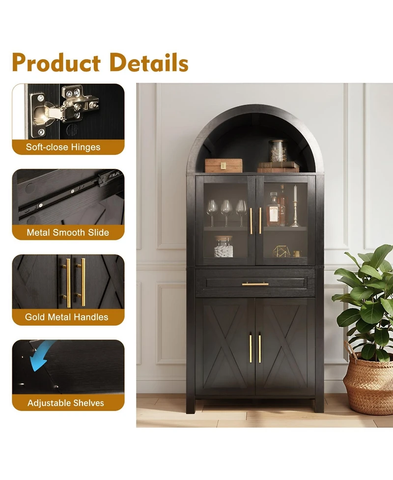 Streamdale Furniture Streamdale 71" Arched Kitchen Pantry Cabinet with Glass Door, Black