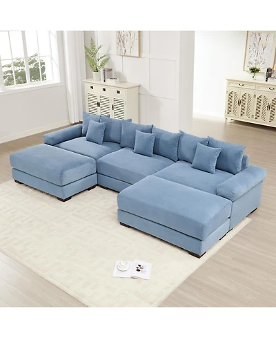 Streamdale Furniture 130" Oversized Cloud Modular Sectional Couch, Premium Corduroy, 3-Seater, Blue