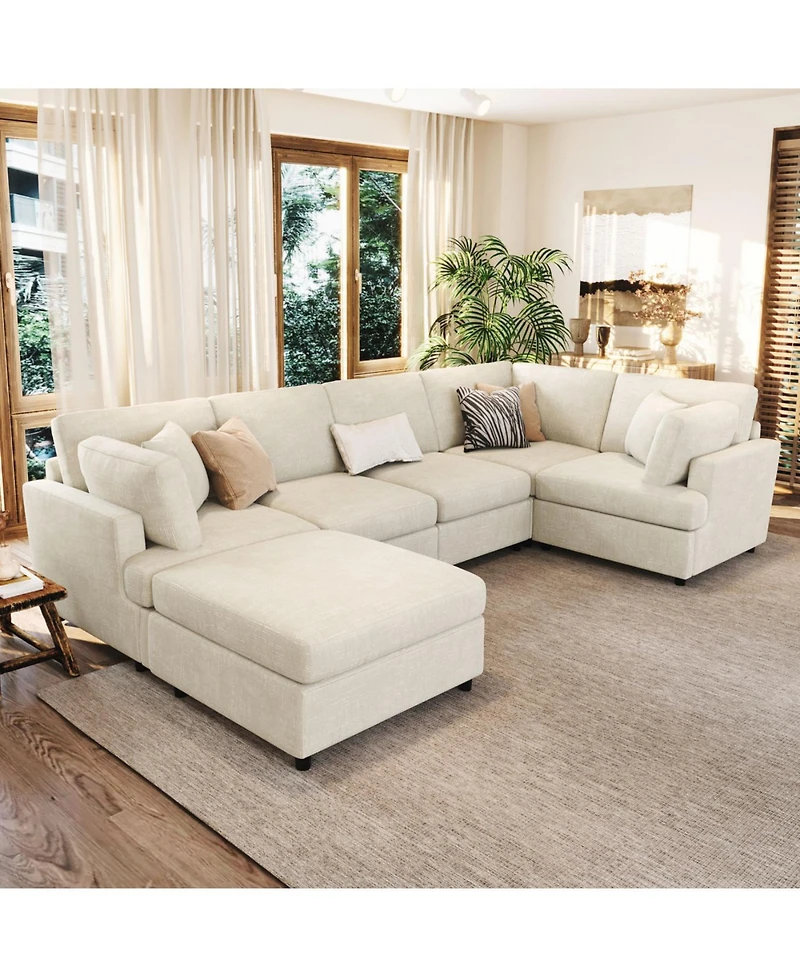 Streamdale Furniture U-Shaped Sectional Sofa with Movable Ottoman, 6-Piece Chenille Set