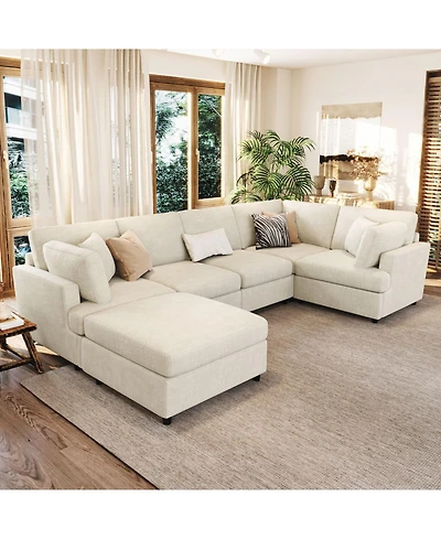 Streamdale Furniture U-Shaped Sectional Sofa with Movable Ottoman, 6-Piece Chenille Set