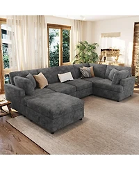 Streamdale Furniture U-Shaped Sectional Sofa with Movable Ottoman, 6-Piece Chenille Set