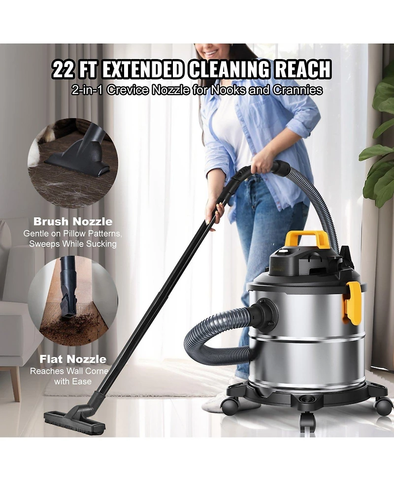 Ecooso Powerful Suction Stainless Steel Wet Dry Vacuum Cleaner, 5.5-Gallon 6.5 Peak Hp