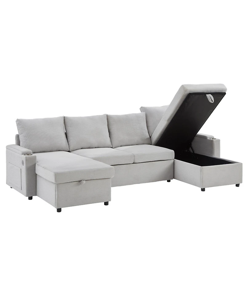 Streamdale Furniture Convertible U-Shaped Sectional Sofa with Storage, Cup Holders & Usb Ports, Black