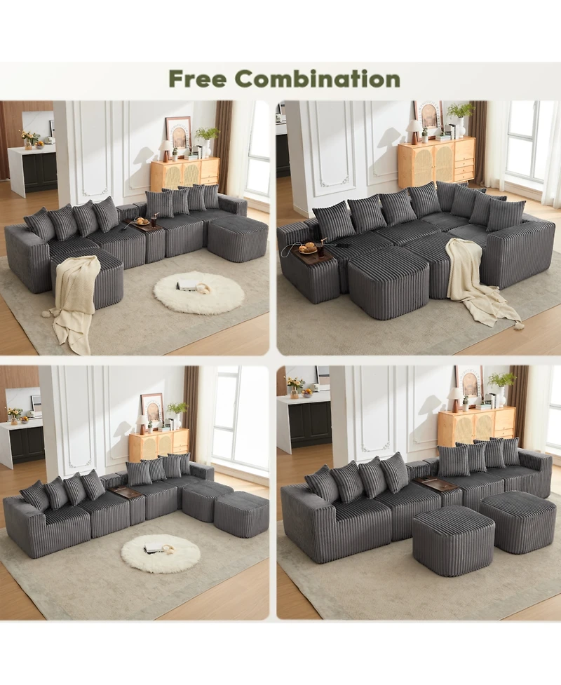 Streamdale Furniture Streamdale U-Shaped Sofa, Usb/Wireless Charge, Cup Holder, Movable, Gray Corduroy