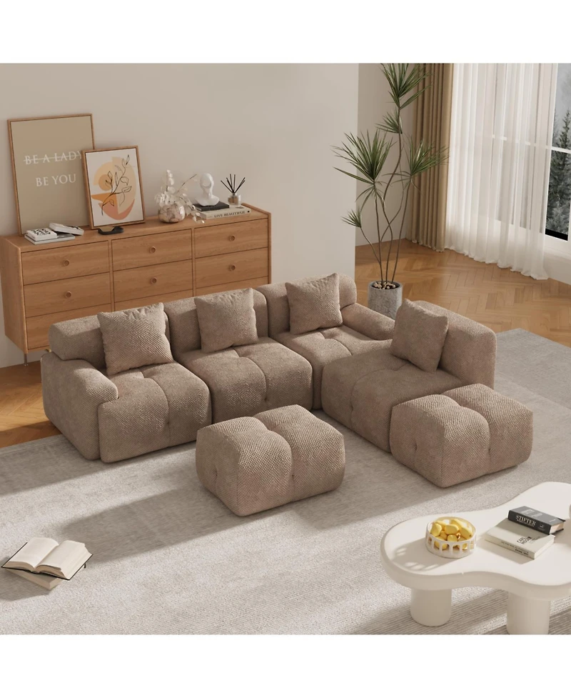 Streamdale Furniture U-Shaped Sleeper Sectional Sofa, 6-Piece Modular Couch with Ottomans & Pillows, Taupe