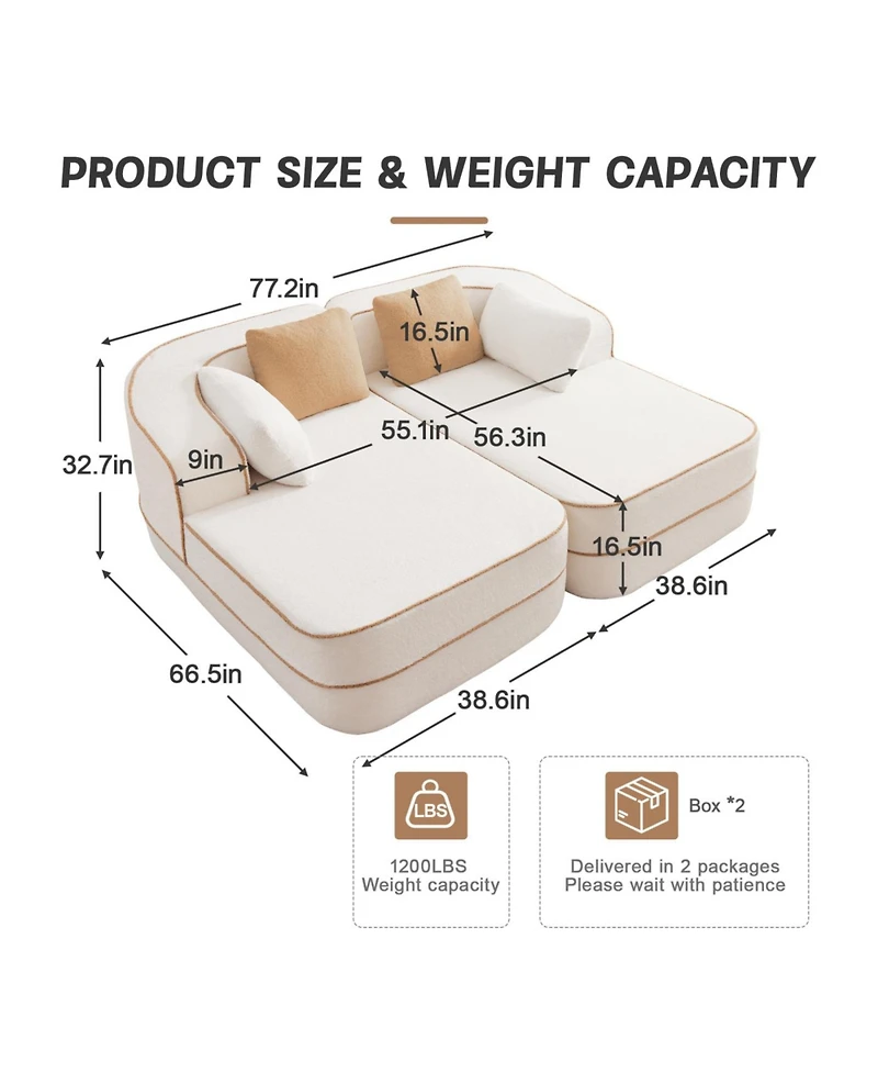 Streamdale Furniture White Teddy Fabric Boneless Sofa with Double Chaises and Contrast Color Design