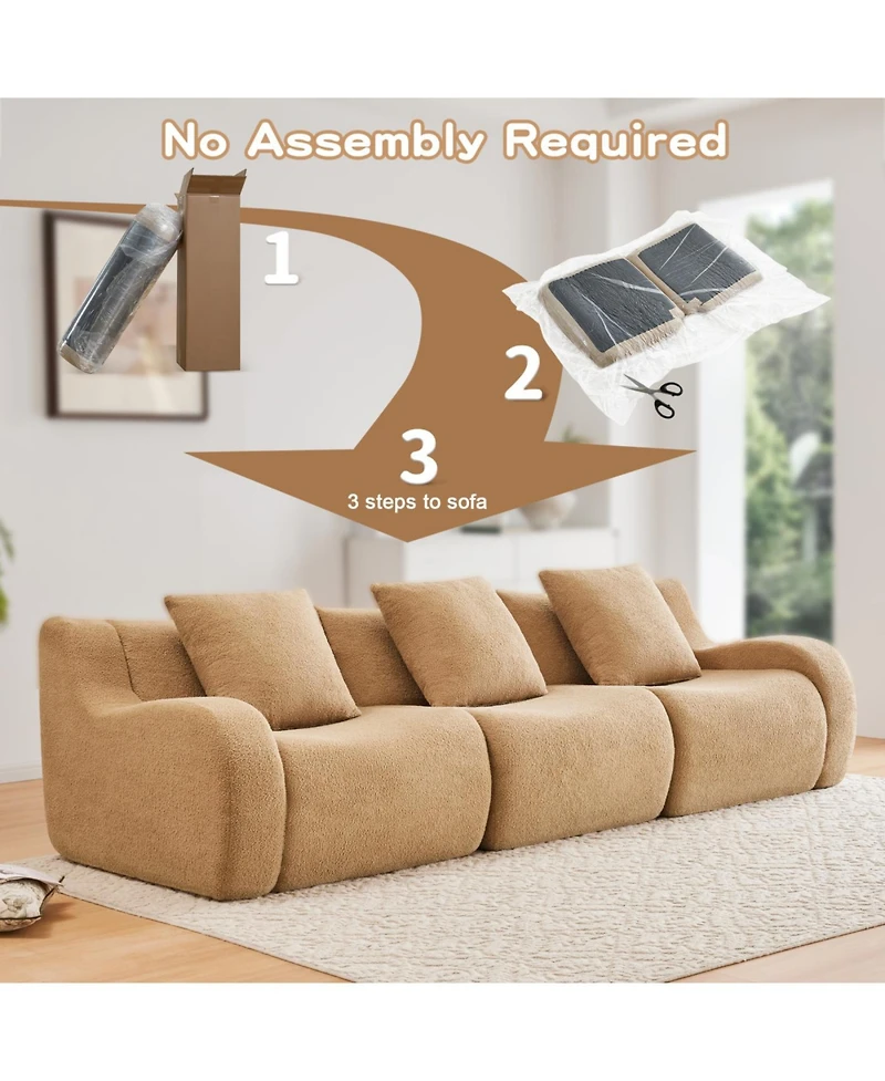 Streamdale Furniture Boneless Sofa, 3 Seat Teddy Fabric, Anti-Slip, No Assembly, Camel