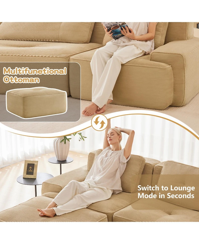 Streamdale Furniture Camel 153" Modern U-Shaped Corduroy Sectional Sofa with 2 Ottomans