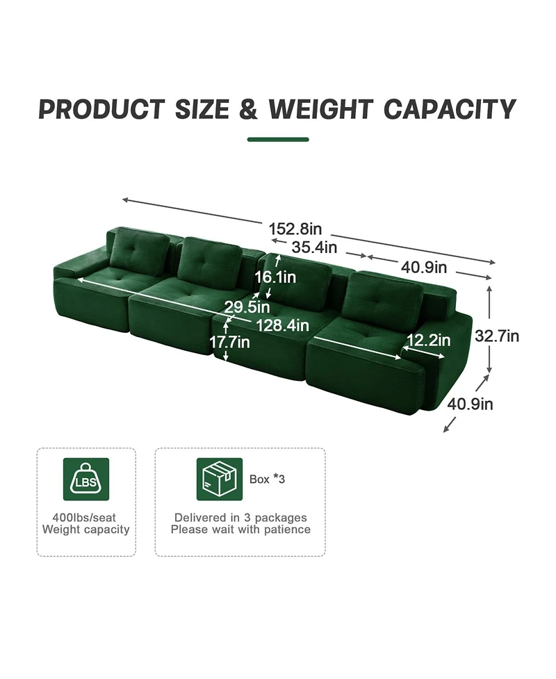 Streamdale Modern Modular Sectional Sofa, Corduroy Fabric, 4-Seater Couch, Green