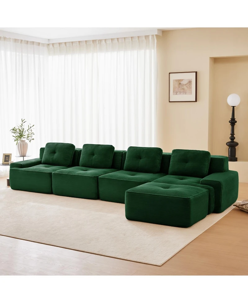 Streamdale Furniture Streamdale Modern L-Shaped Corduroy Sectional Sofa with Movable Ottoman - Green