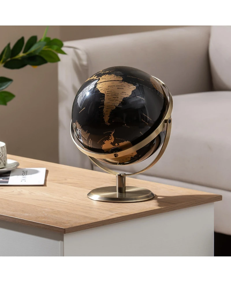Hongge 9-Inch Metallic Black and Gold World Globe with Sturdy Metal Base