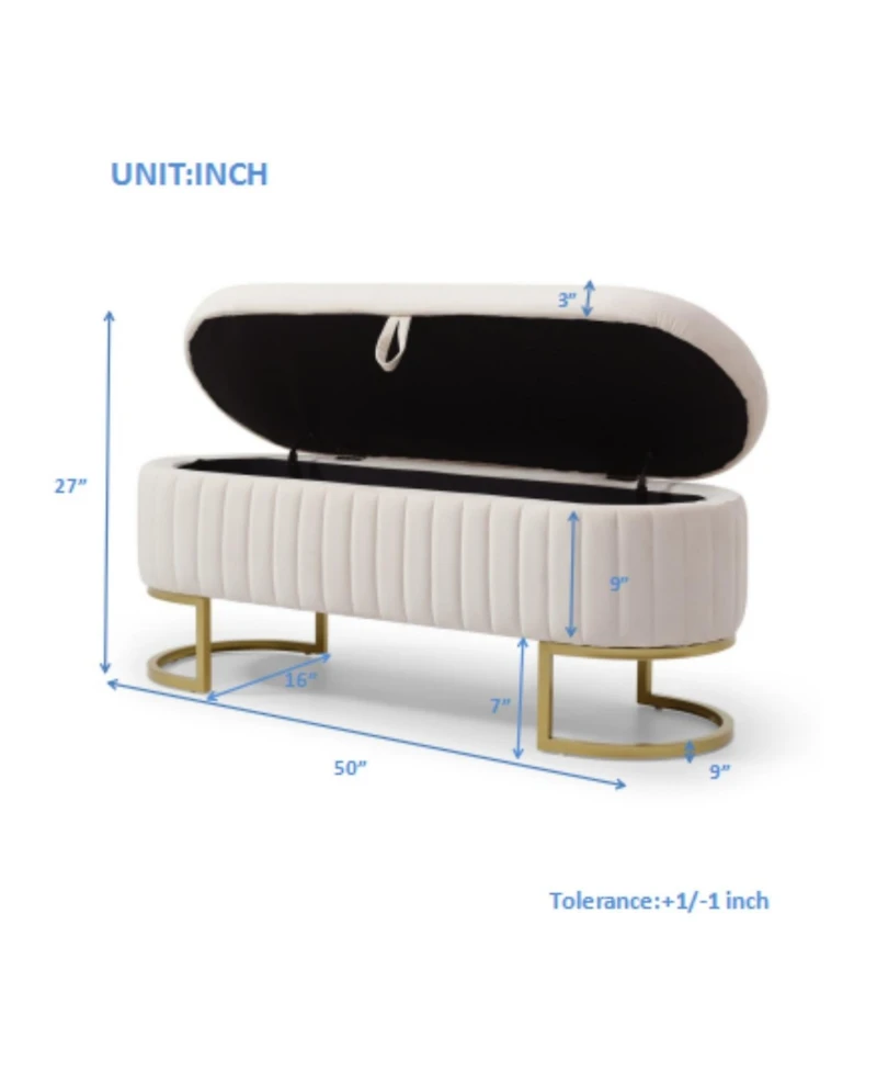 Streamdale Velvet Oval Upholstered Storage Bench with Golden Metal Legs, 50" Beige