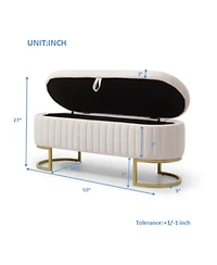 Streamdale Velvet Oval Upholstered Storage Bench with Golden Metal Legs, 50" Beige