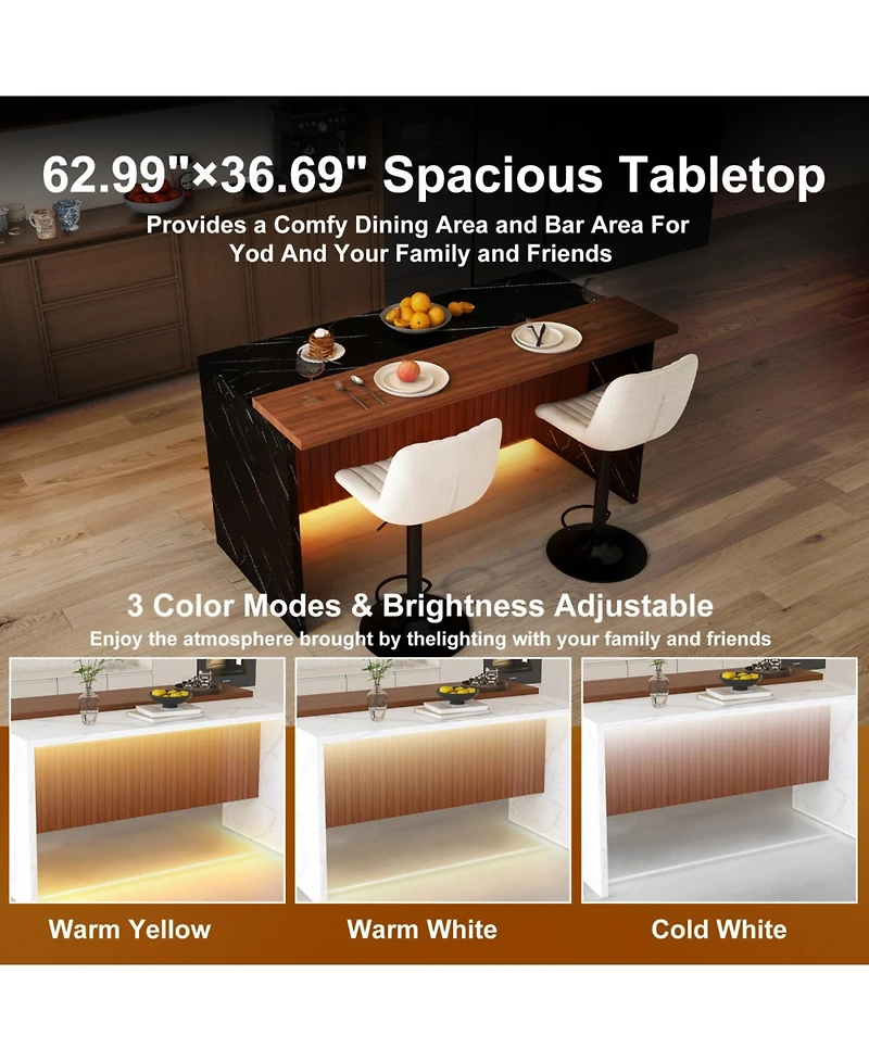 Streamdale White Marble Look Kitchen Island with Led Lighting