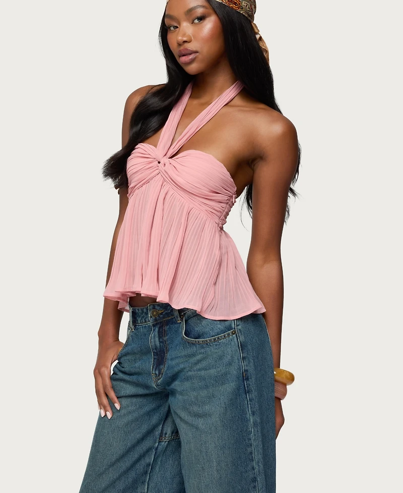 Edikted Women's Pleated Chiffon Babydoll Halter Top