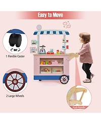 Hongge Kids Wooden Play Food Cart with 30 Accessories and Rolling Wheels