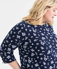 Style & Co Plus Printed Boat-Neck Cotton Lace-Up-Sleeve Tunic, Macy's Exclusive