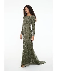 Maryisa Women's Modest Embellished Sequin Beaded Dress Maxi With Trail