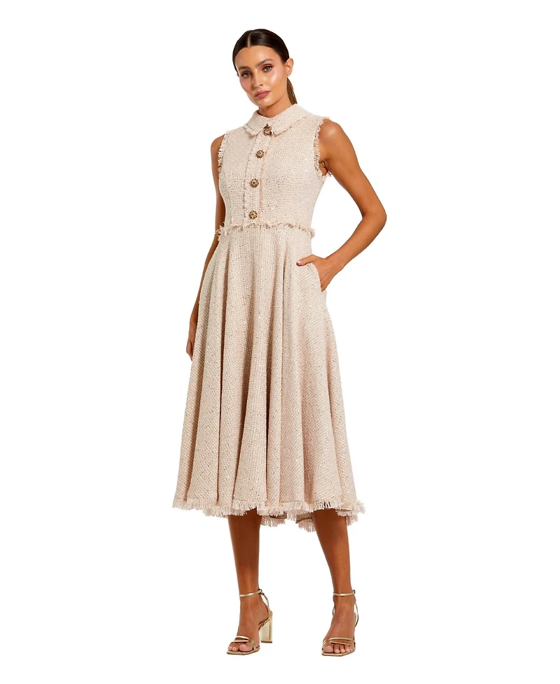 Mac Duggal Women's Boucle Sleeveless Collared Button Up Midi Dress