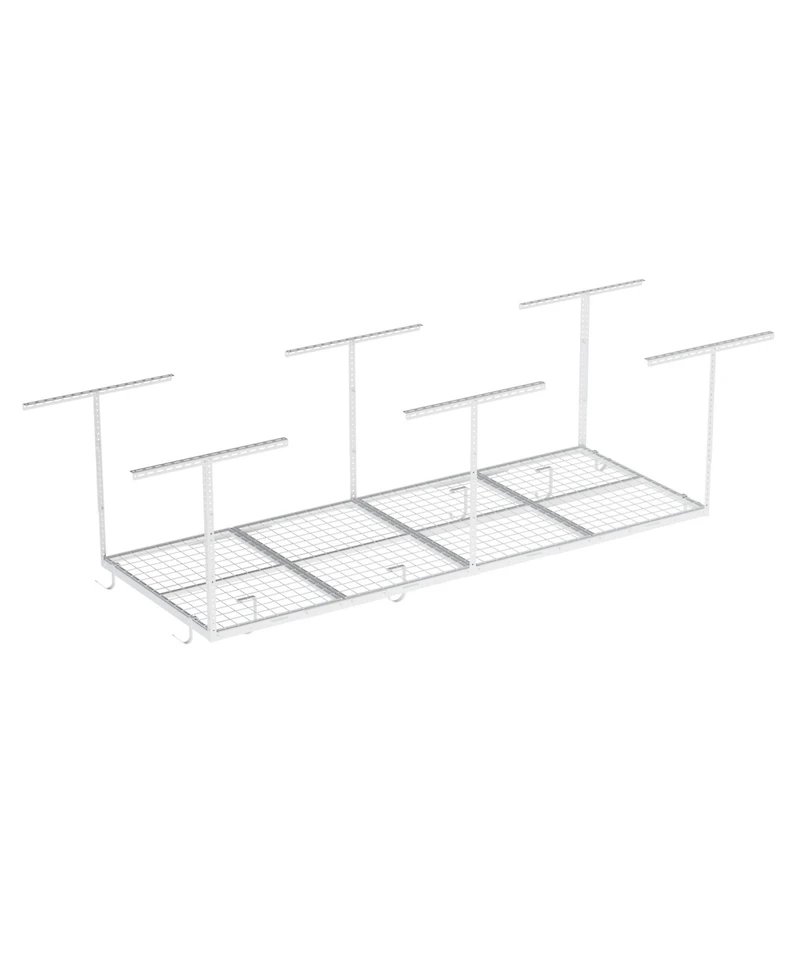 Fleximounts OHK38-e 36″ W × 96″ D Adjustable-Height Overhead Garage Storage Rack with 8 Hooks (White)