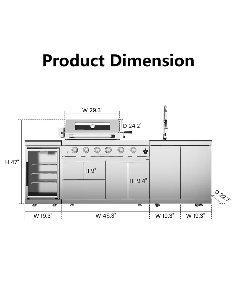 Mondawe 46" 4-Burner 72000 Btu Stainless Steel Outdoor Kitchen Grill Island with Fridge