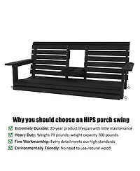 Mega Casa Poly Lumber 3-Seat Porch Swing, Hips 5-Feet Bench Swing with Foldable Cup Holders,18/8 Stainless Steel Hardware, High Backrest and Deep Cont