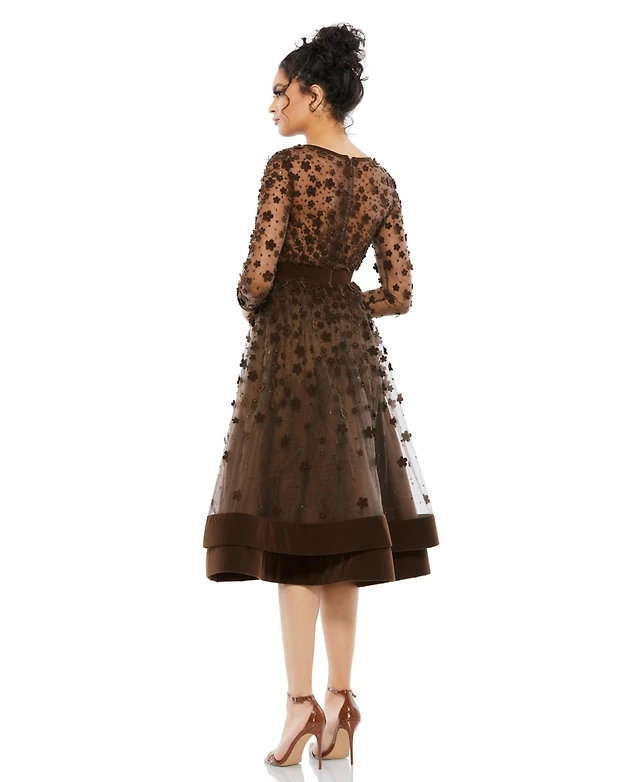 embellished illusion high neck long sleeve fit & flare dress Home