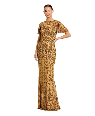 Mac Duggal Women's Embellished High Neck Flutter Sleeve Gown