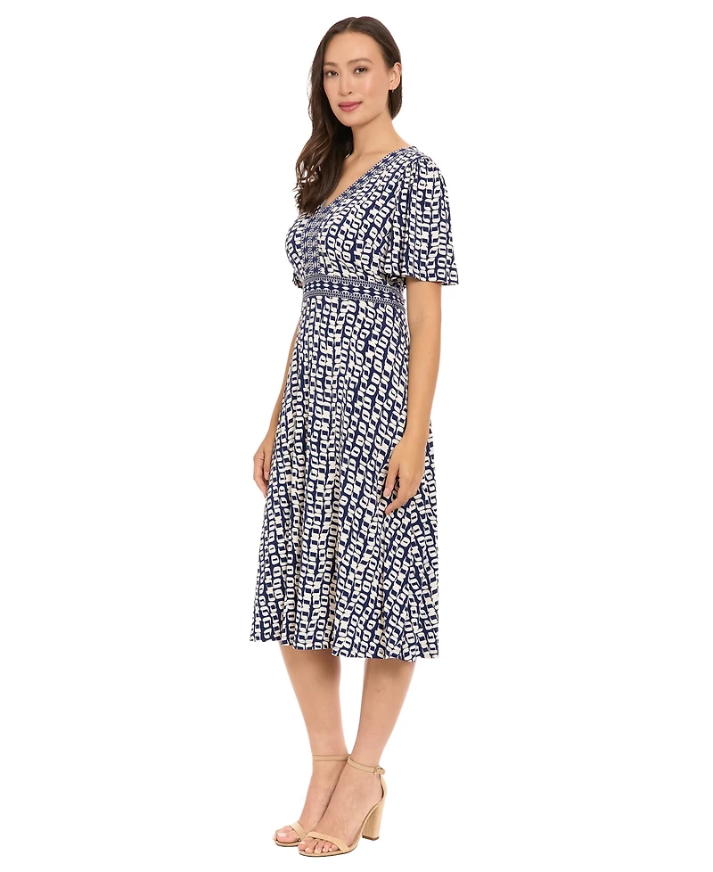 London Times Women's Framed V-Neck Flutter-Sleeve Flare Dress