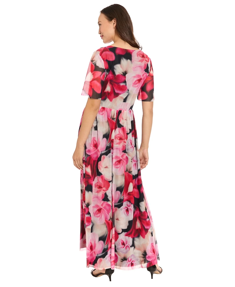 London Times Women's V-Neck Smocked Flutter-Sleeve Maxi Dress