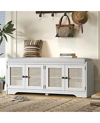 Streamdale Furniture Rustic Storage Bench with Cushion and Rattan Doors (Brown+Beige