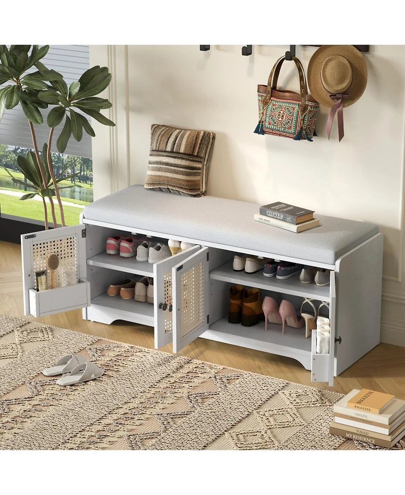 Streamdale Furniture Rustic Storage Bench with Cushion and Rattan Doors (Brown+Beige