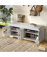 Streamdale Furniture Rustic Storage Bench with Cushion and Rattan Doors (Brown+Beige