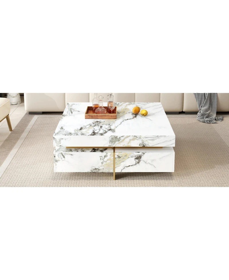 Streamdale Furniture Modern Marble Coffee Table with 4 Drawers, White, 43.3