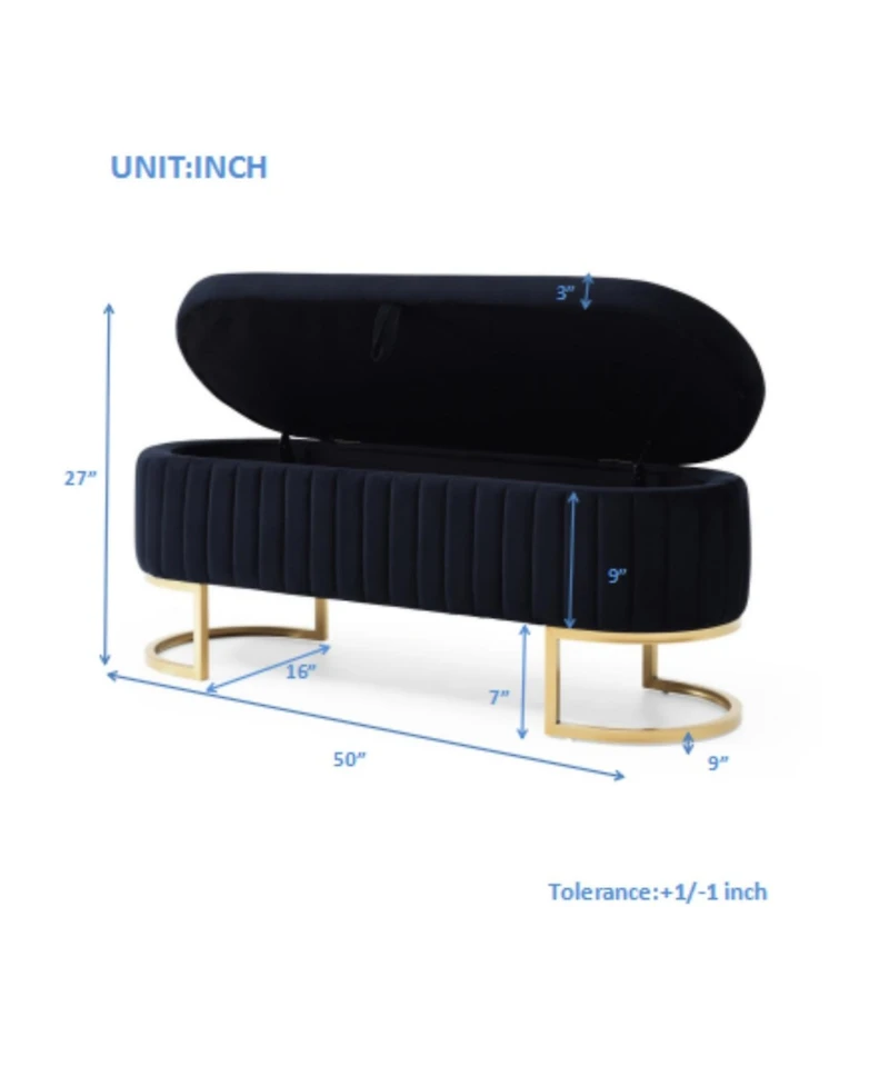 Streamdale Furniture Streamdale Velvet Oval Upholstered Storage Bench with Golden Metal Legs, Black