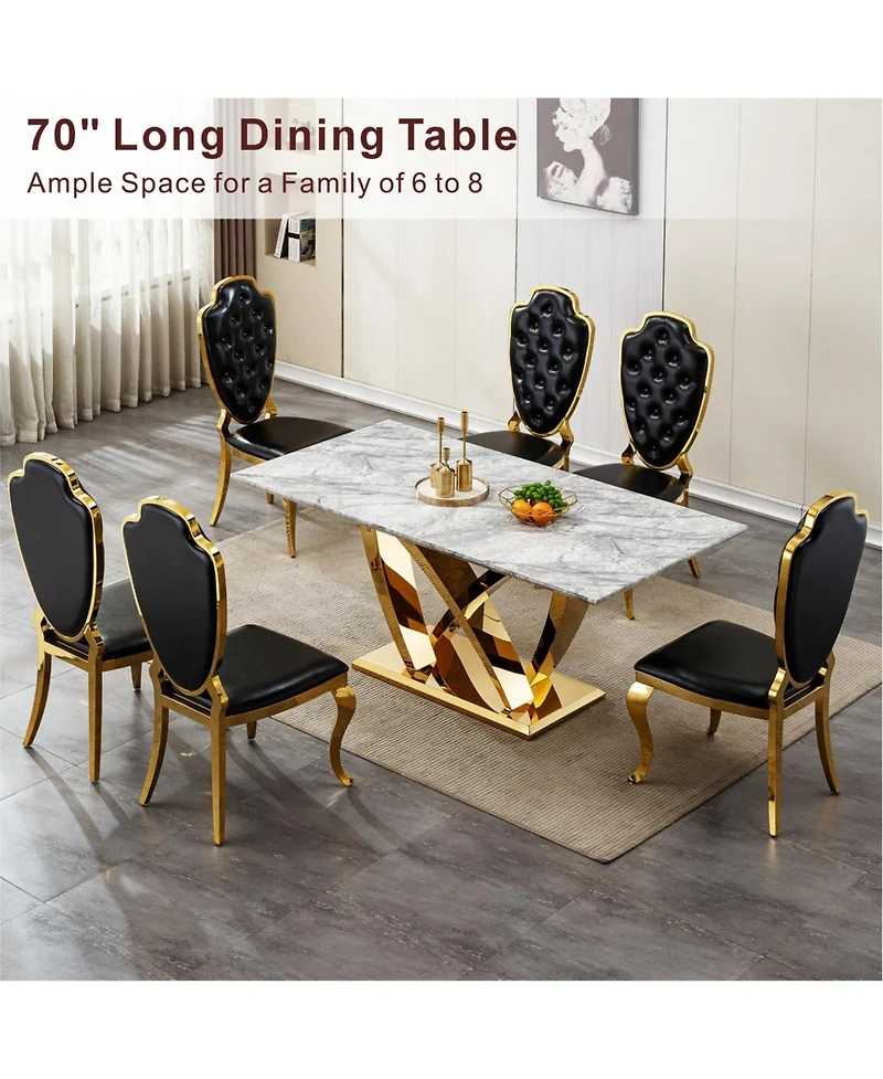Streamdale Furniture Marble Dining Table for 6, 70" Rectangle Faux Marble w/ Mirrored Stainless Steel Base (Gold, Gray