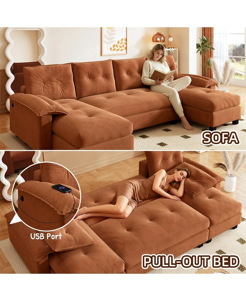 Streamdale 104.7" U-Shaped Sleeper Sofa with Pull Out Bed, Convertible Couch Bed, Orange