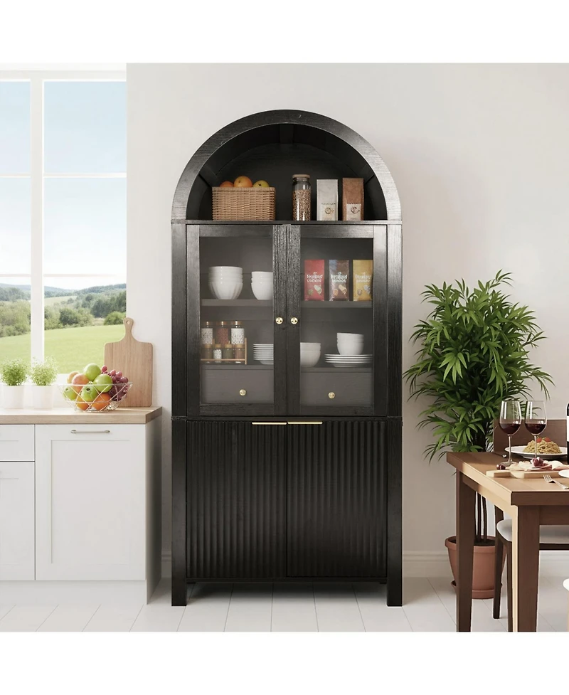 Streamdale Furniture Streamdale 71" Fluted Tall Arched Pantry Cabinet with Adjustable Shelves & Hidden Drawer, Black