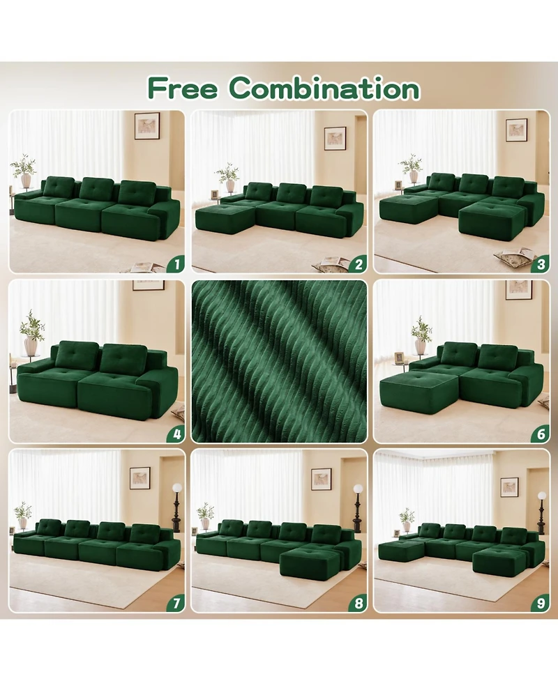 Streamdale Furniture Modern L-Shaped Corduroy Sectional Sofa with Movable Ottoman, Green